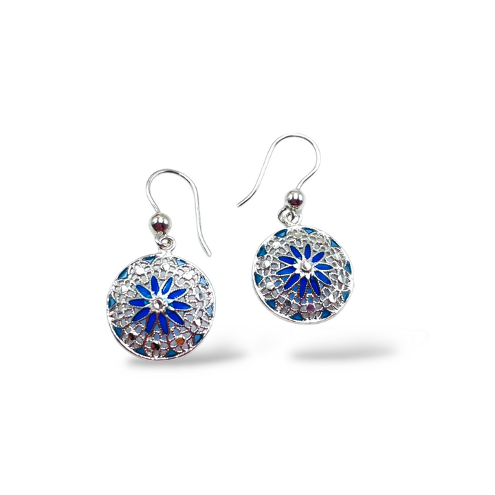 Filigree enameled silver flower earrings