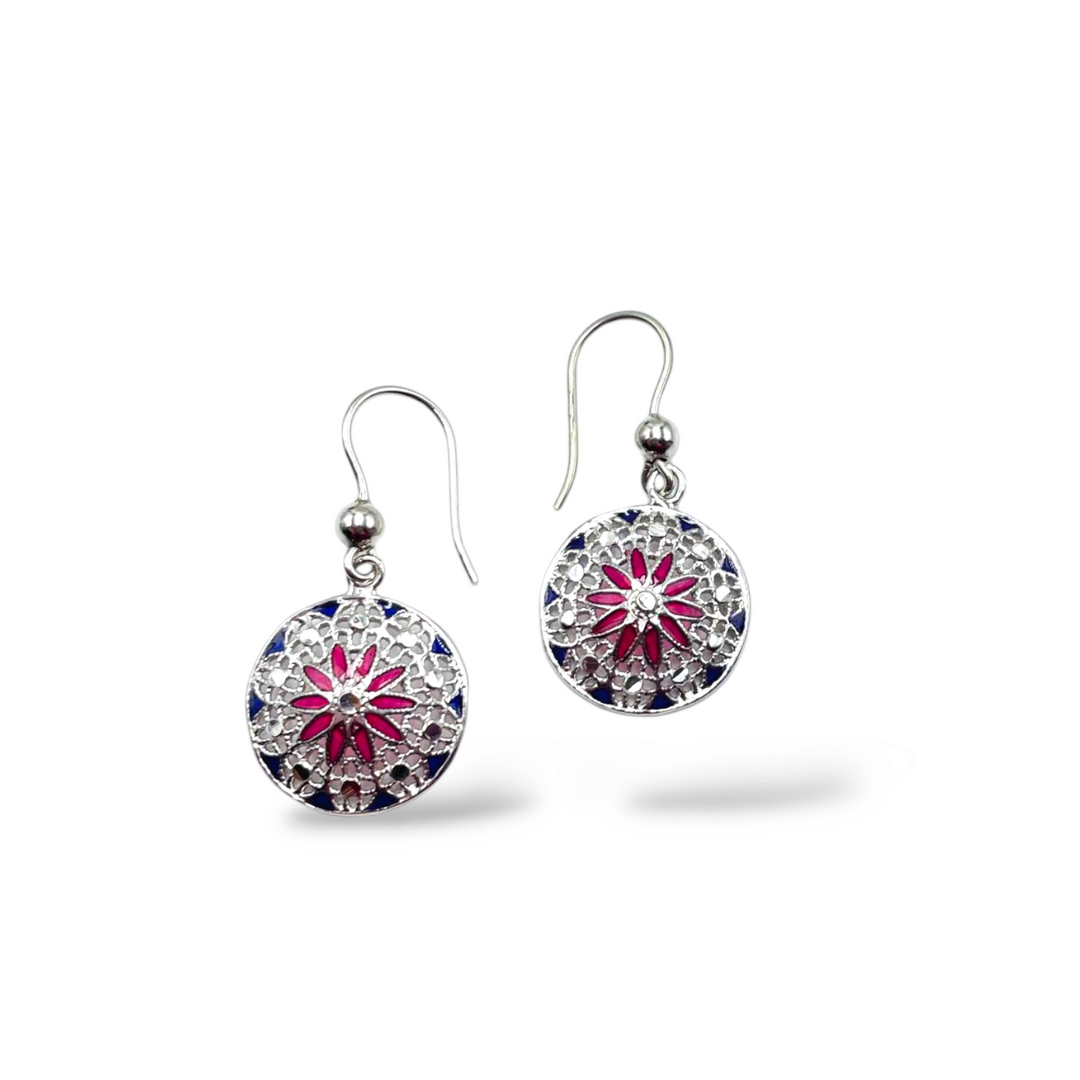 Filigree enameled silver flower earrings