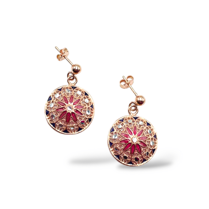 Filigree enameled silver flower earrings