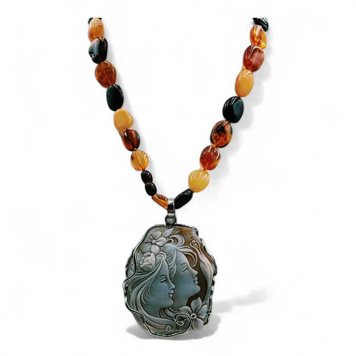 Mother and daughter pendant necklace with multicolored amber