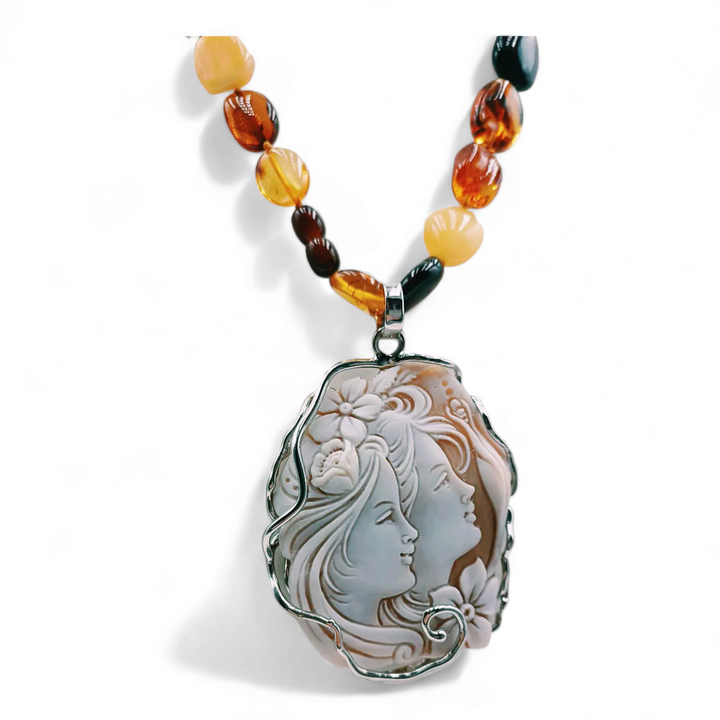 Mother and daughter pendant necklace with multicolored amber