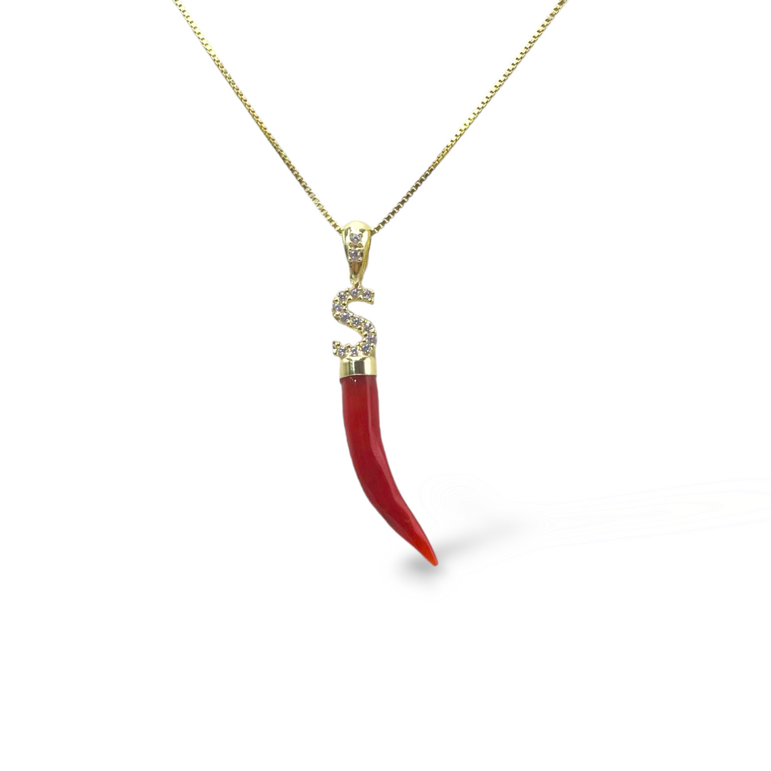 Real coral horn pendant mounted with silver and zirconia letter