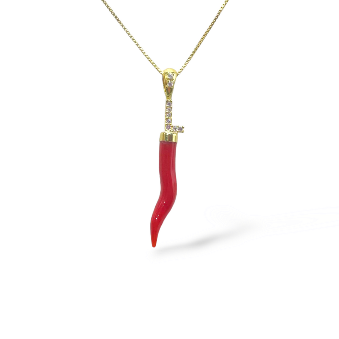 Real coral horn pendant mounted with silver and zirconia letter
