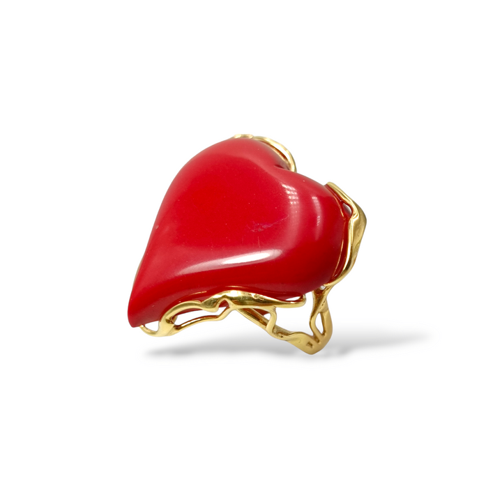 Coral paste heart ring mounted on silver