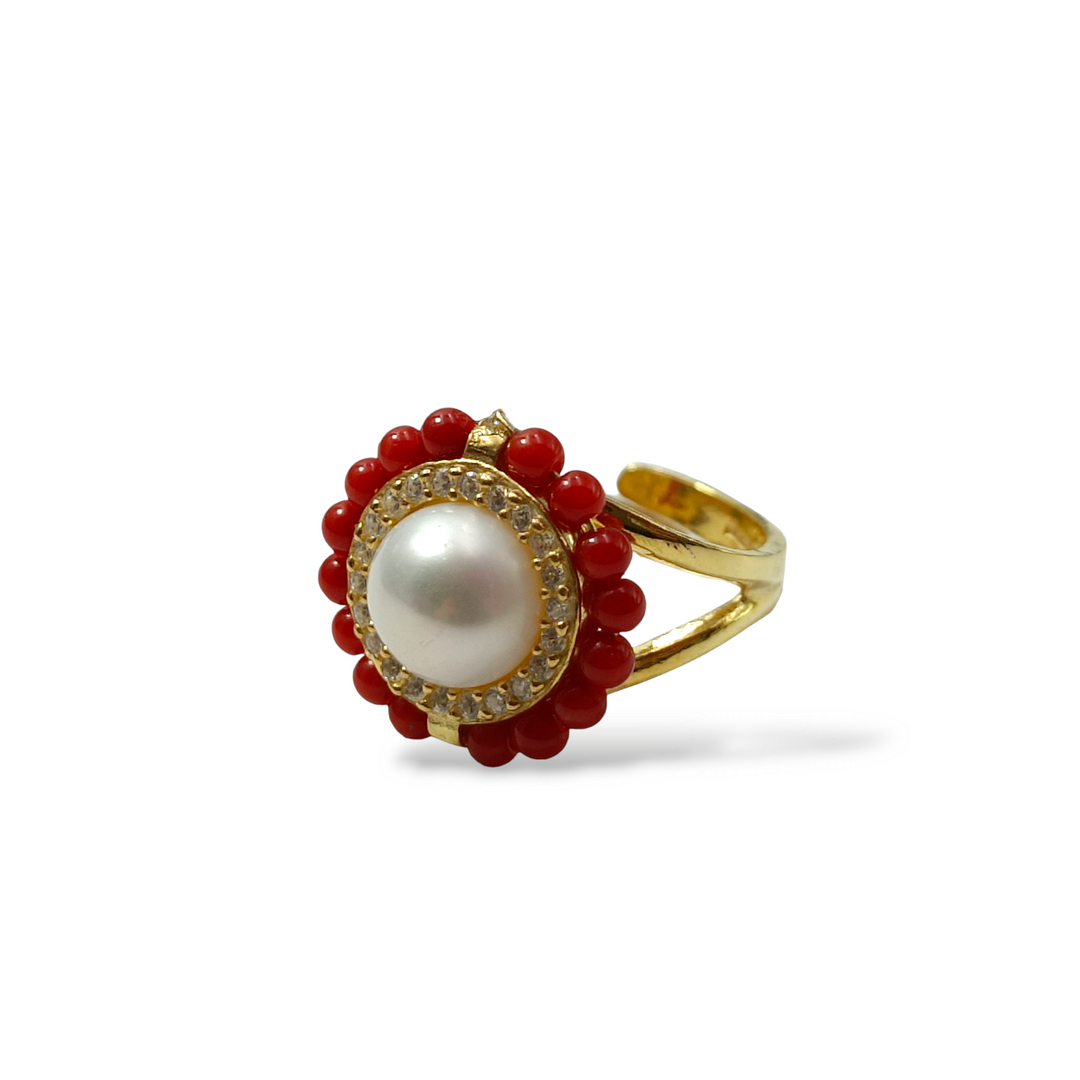 Red coral and pearl ring set on silver