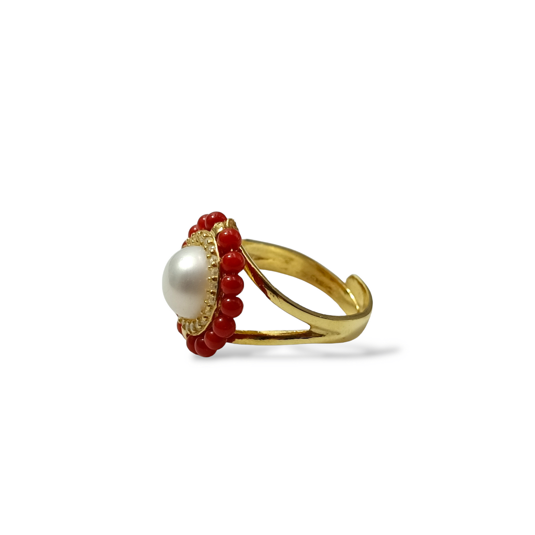 Red coral and pearl ring set on silver