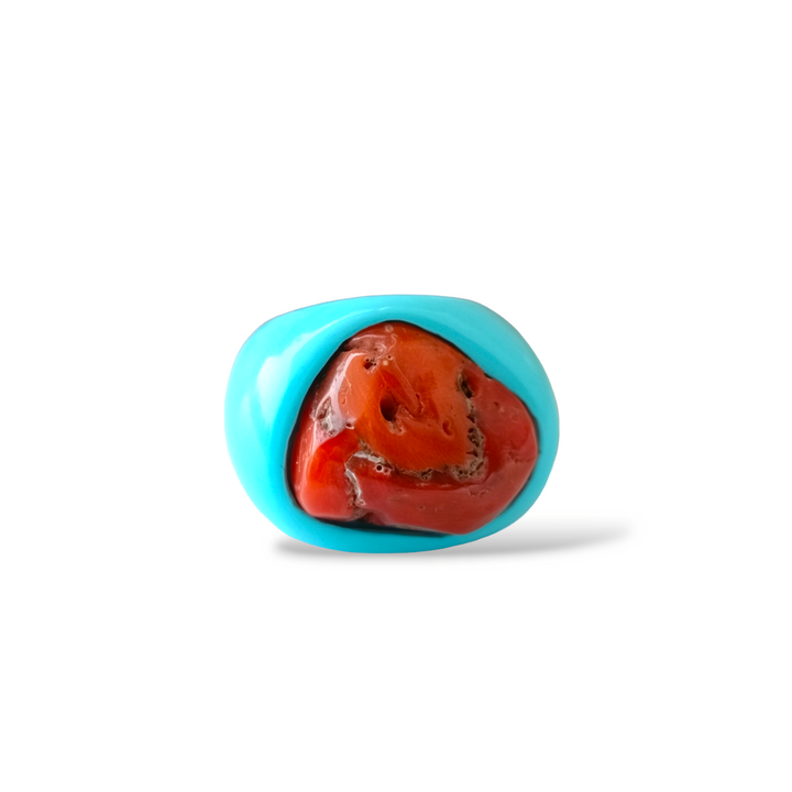 Real coral stone ring mounted on turquoise paste