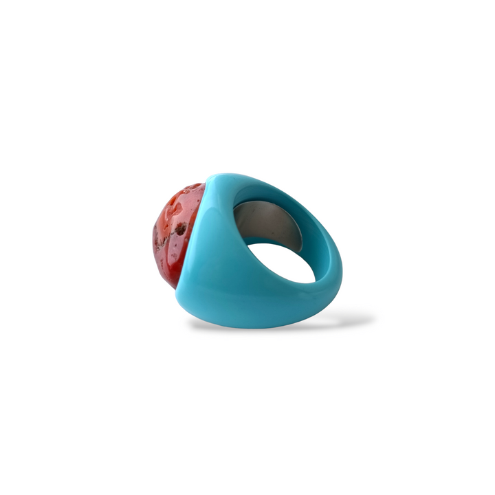 Real coral stone ring mounted on turquoise paste