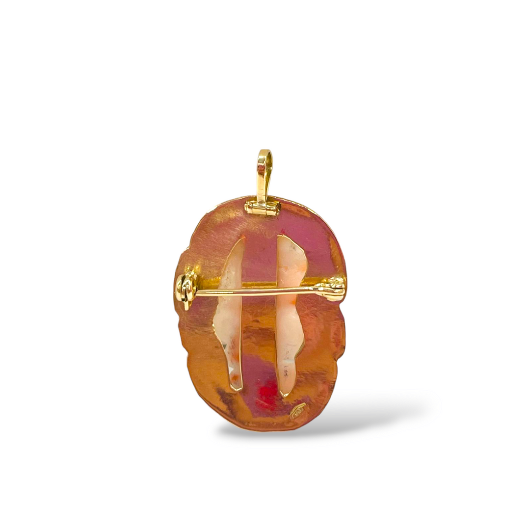 Penelope Goddess Brooch Pendant Necklace in Pink Coral Mounted on Gold