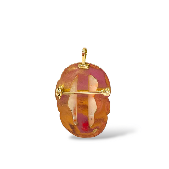 Penelope Goddess Brooch Pendant Necklace in Pink Coral Mounted on Gold