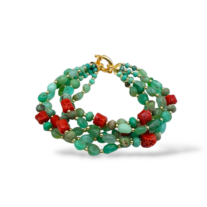 Bracciale perline in corallo e agata montato su argento