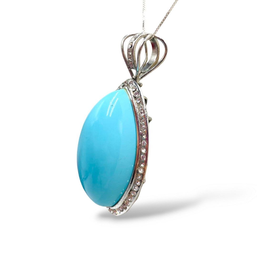 Turquoise paste drop pendant necklace mounted on silver