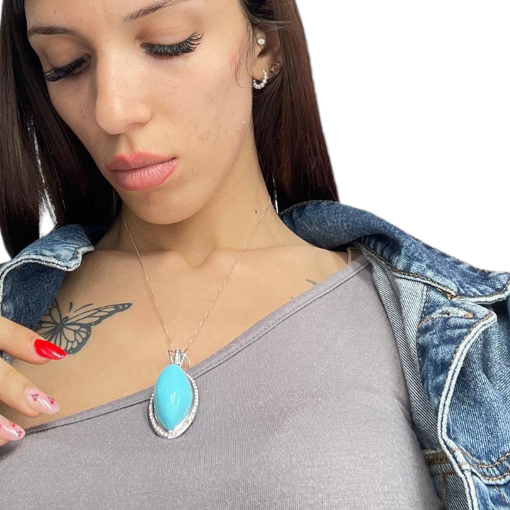 Turquoise paste drop pendant necklace mounted on silver