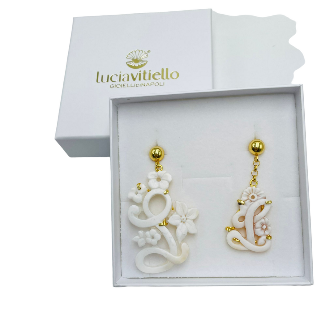 Scalloped letter earrings in cameo mounted on silver