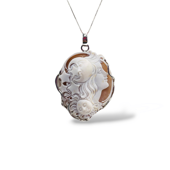 Sun Moon Goddess Pendant Necklace in Cameo Mounted on Silver