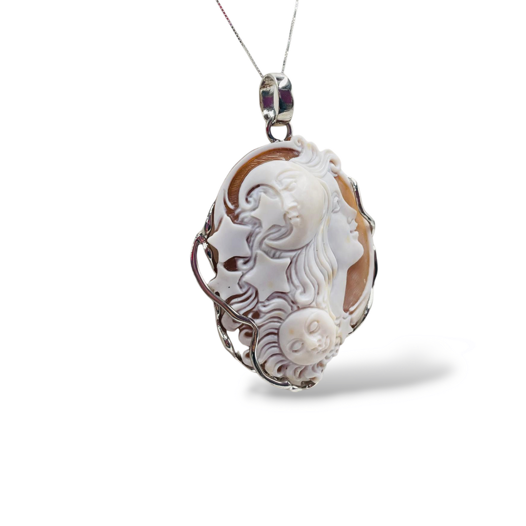 Sun Moon Goddess Pendant Necklace in Cameo Mounted on Silver