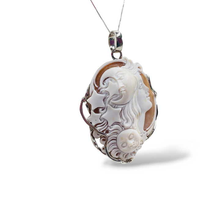 Sun Moon Goddess Pendant Necklace in Cameo Mounted on Silver