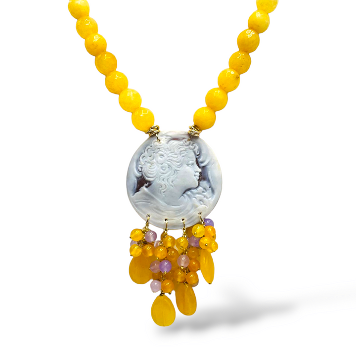 END OF COLLECTION - Yellow goddess pendant in cameo mounted on agate