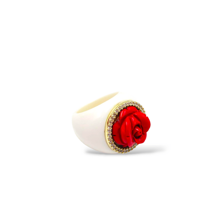 Pink ring in coral paste and mounted on white agate