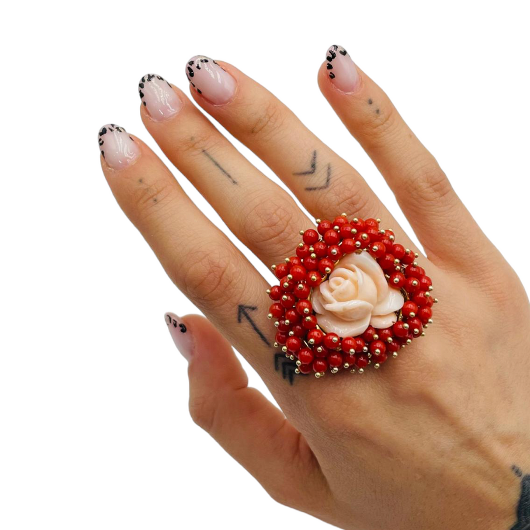 Pink coral ring mounted on silver