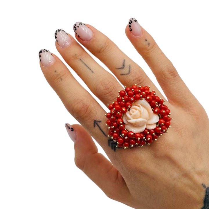 Pink coral ring mounted on silver