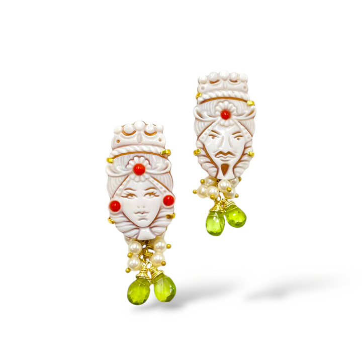 Sicily Collection - Sicilian Moorish earrings for him and her in cameo mounted on silver, pearls and peridot