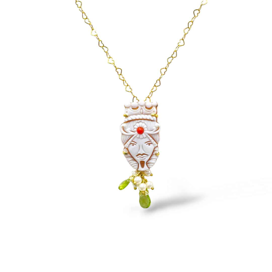 Sicily Collection - Moorish pendants for him and her in cameo mounted on silver, pearls and green peridot