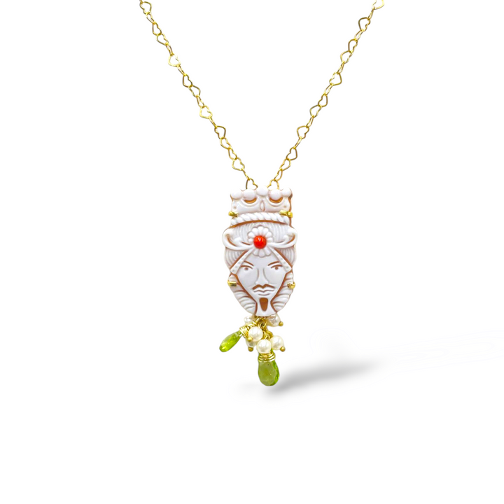 Sicily Collection - Moorish pendants for him and her in cameo mounted on silver, pearls and green peridot