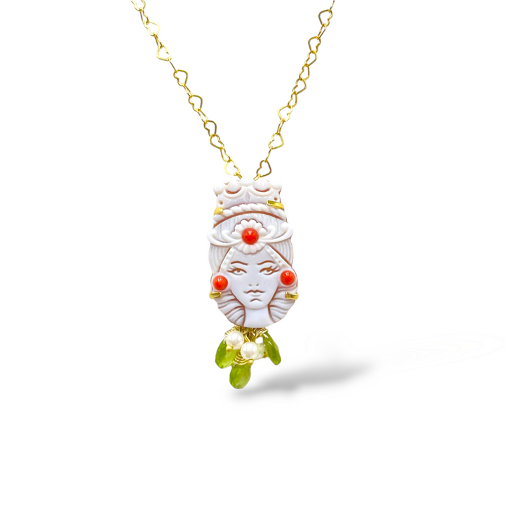 Sicily Collection - Moorish pendants for him and her in cameo mounted on silver, pearls and green peridot