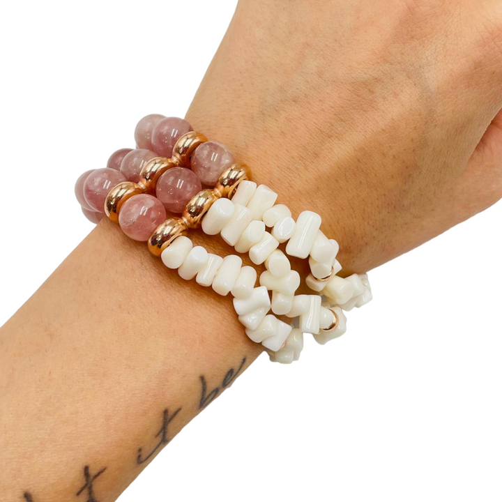 Bracelet spheres in rose quartz and coral mounted on silver