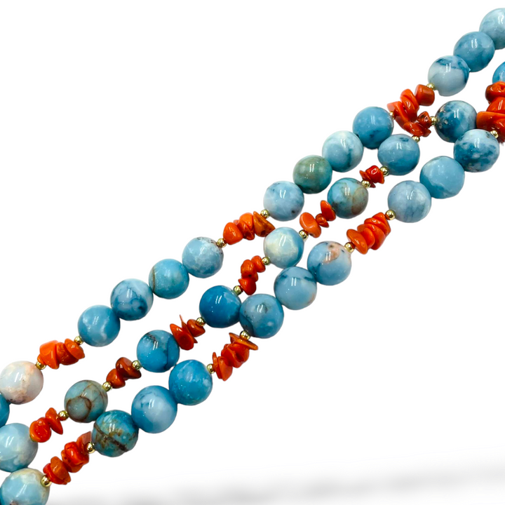 Bracelet spheres in larimar and coral mounted on silver