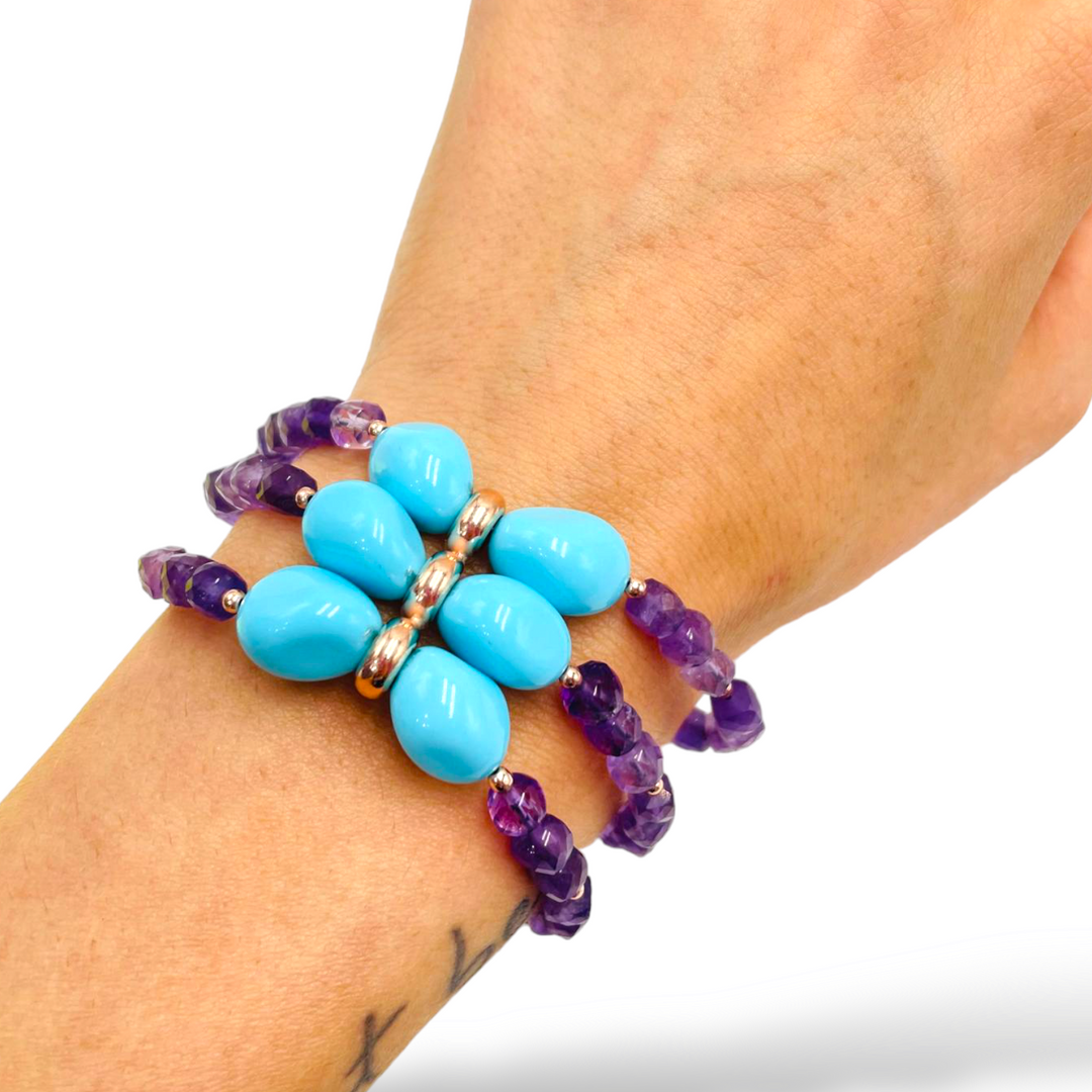 Turquoise and amethyst bracelet mounted on silver