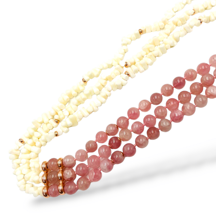 Collana sfere in quarzo rosa e corallo montata su argento