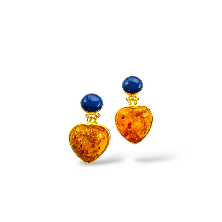Amber heart earrings mounted on silver