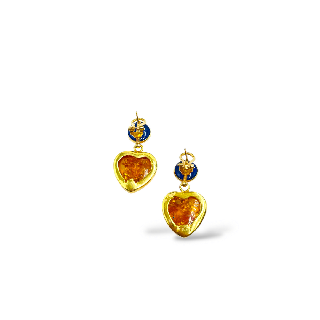 Amber heart earrings mounted on silver