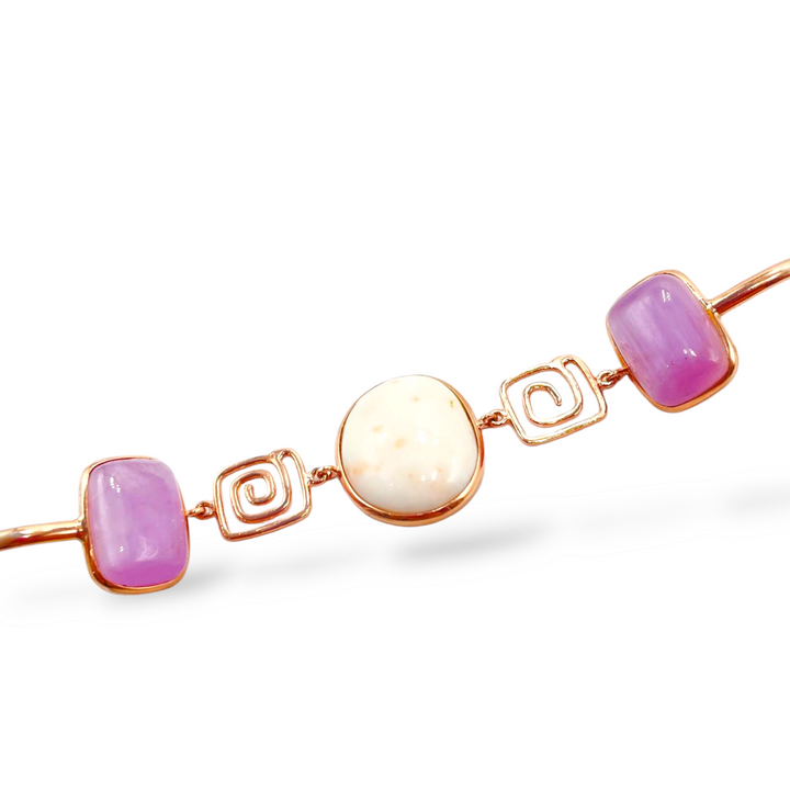 Bracciale quadrato in corallo e kunzite montato su argento