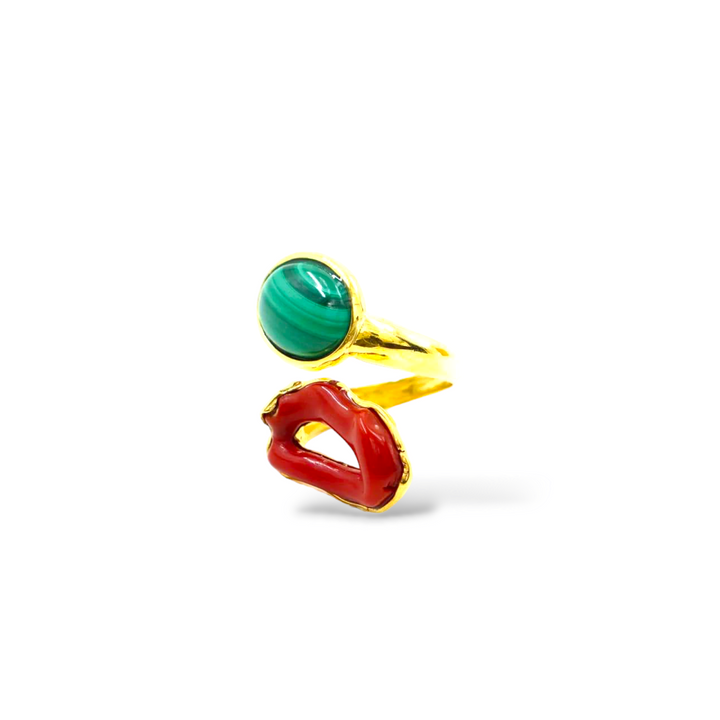 END OF COLLECTION - Red coral and malachite ring mounted on silver 