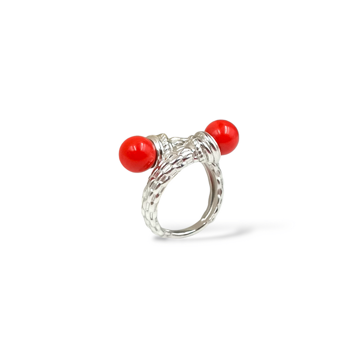 Red coral paste ring mounted on silver 
