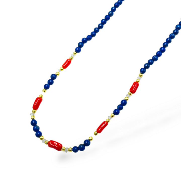 Men's necklace in lapis and red coral mounted on silver