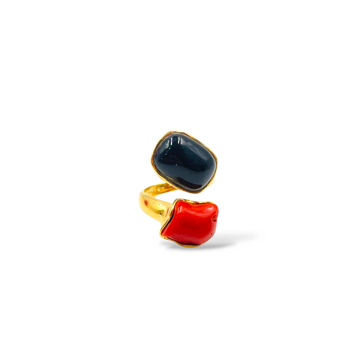 END OF COLLECTION - Red coral and black onyx ring mounted on silver
