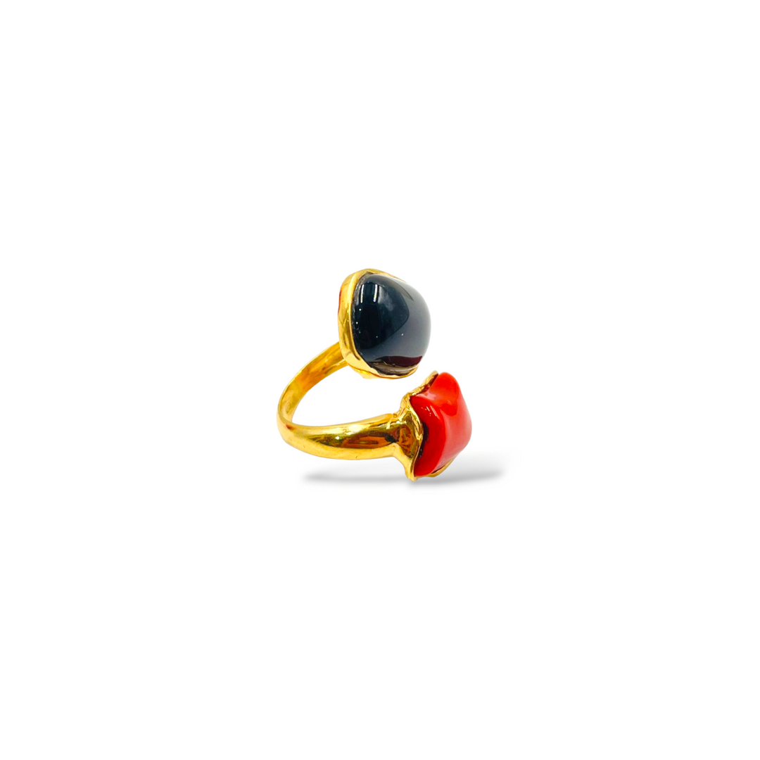 END OF COLLECTION - Red coral and black onyx ring mounted on silver