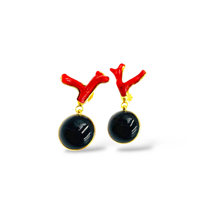 Coral and agate branch earrings mounted on silver