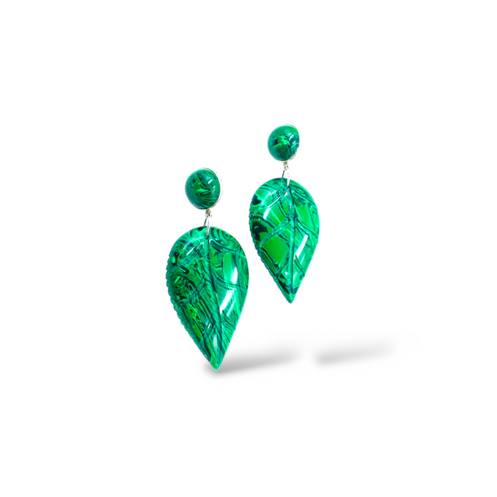 Malachite paste leaf earrings mounted on silver