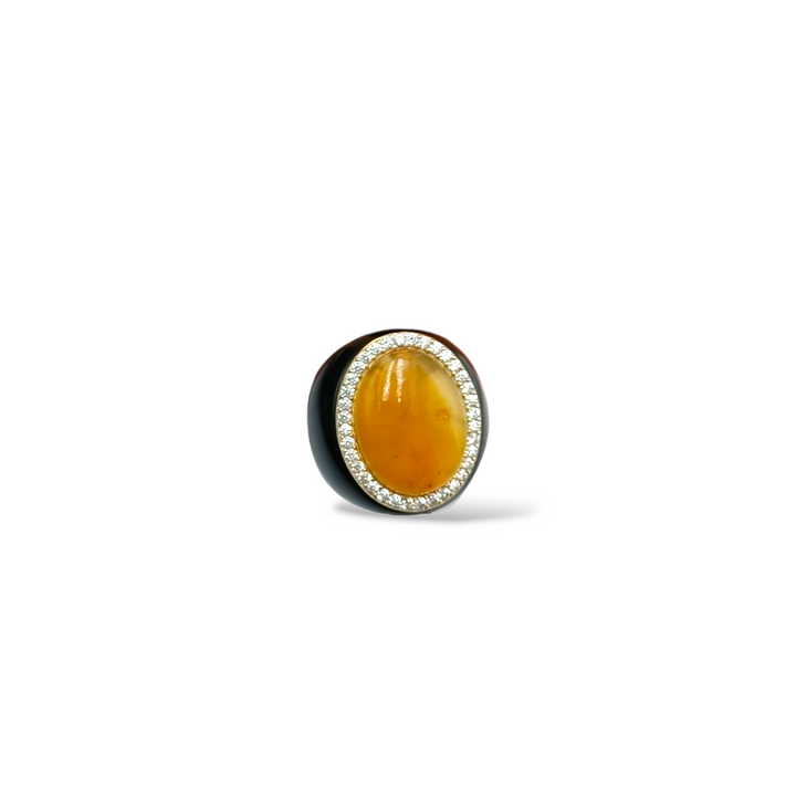 END OF COLLECTION - Oval amber ring mounted on black agate
