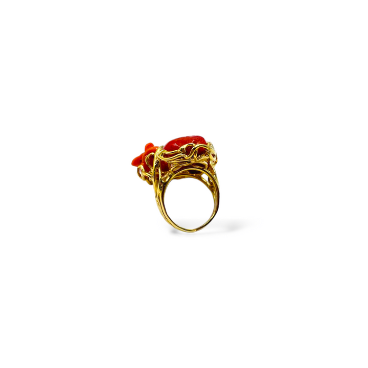 Pink coral stone ring mounted on silver