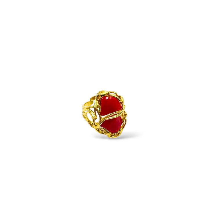 Ring with two coral stones mounted on silver