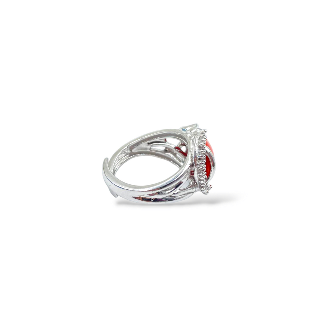 Red coral ring mounted on silver