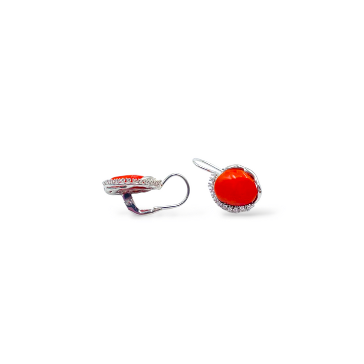 Red coral stone earrings set in silver