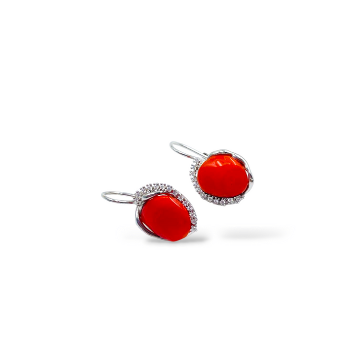 Red coral stone earrings set in silver