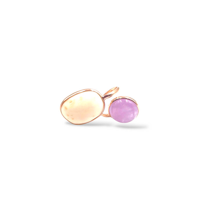 Pink coral and kunzite ring mounted on silver